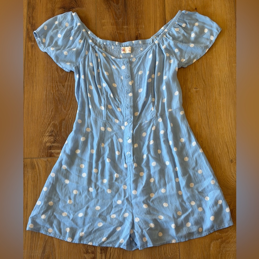 SO Light Blue Button-Down Polka Dot Blouse